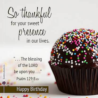 Free SarahJean Birthday Children eCard with a Christian message entitled 'So Thankful'. Image of chocolate cupcake with sparkles.