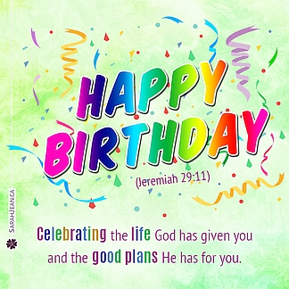Free SarahJean Birthday Children eCard with a christian message entitled 'Celebrating'. Image of bright coloured birthday decorations.