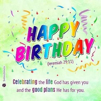 Free SarahJean Birthday Children eCard with a christian message entitled 'Celebrating'. Image of bright coloured birthday decorations.