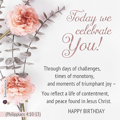 Free SarahJean eCard with a Christian message entitled 'Contentment'. Image of lovely dainty pink flowers and greenery.