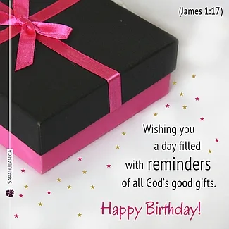 Free SarahJean eCard with a Christian message entitled 'Reminders'. Image of square boxed gift with pink ribbon.