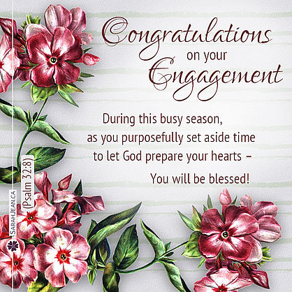 Free SarahJean Engagement eCard with a Christian message entitled 'Purposefully'. Image of dark pink flowers with green vine leaves.
