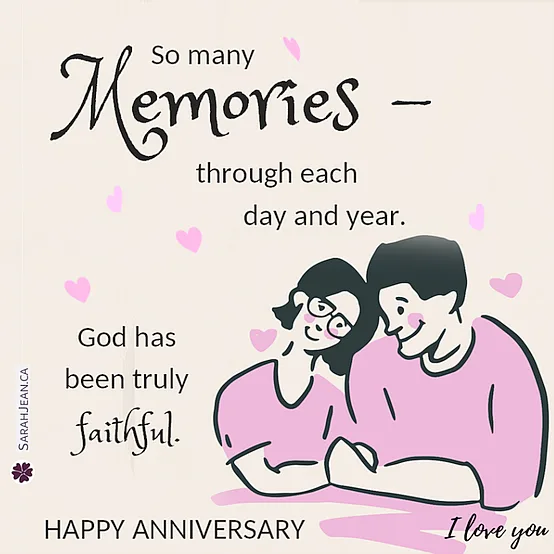 Free SarahJean, Anniversary eCard, Entitled: So Many Memories. Image of: Illustration of a husband and white sitting together.