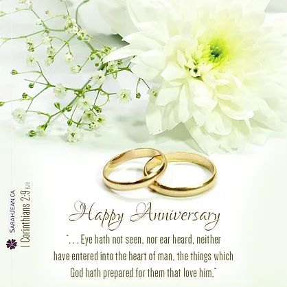 Free SarahJean eCard entitled 'Prepared for You' with Scripture 1 Corinthians 2:9. Image of white flowers and wedding rings.