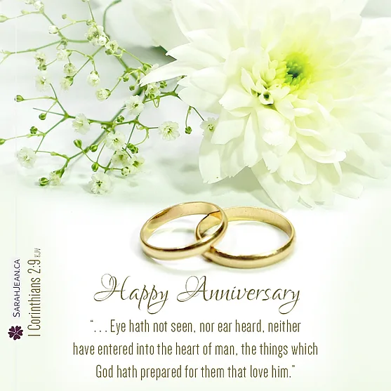 Free SarahJean, Anniversary eCard, Entitled: Prepared for You. Image of: White flowers with gold wedding bands..