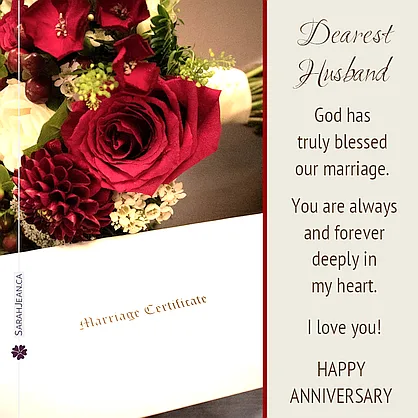 Free SarahJean eCard with a Christian Message entitled, 'Dearest Husband'. Image of wedding flowers and marriage certificate.