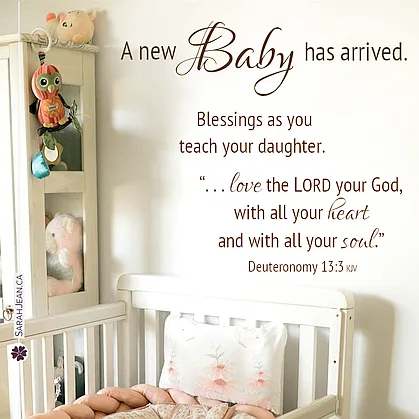 Free SarahJean Baby eCard with a Christian message entitled 'Baby Has Arrived'. Image of baby girl's nursery.