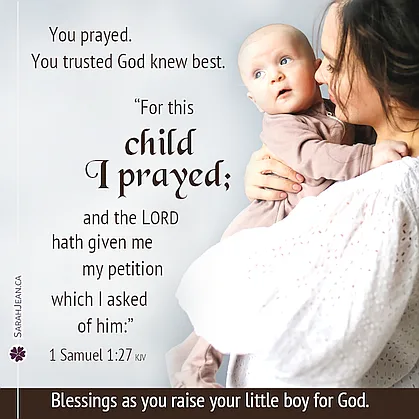 Free SarahJean Baby eCard with a Christian message entitled 'You Prayed'. Image of a Mom Standing and holding her baby in a beigh sleeper.