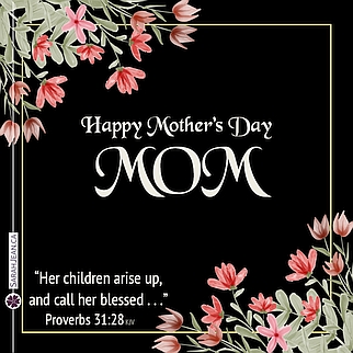 Free SarahJean Mother's Day eCard with a Christian message entitled 'Blessed'. Image of pink flowers on upper left and lower right corners on dark background.