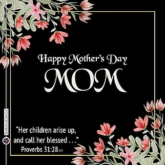 Free SarahJean Mother's Day eCard with a Christian message entitled 'Blessed'. Image of pink flowers on upper left and lower right corners on dark background.