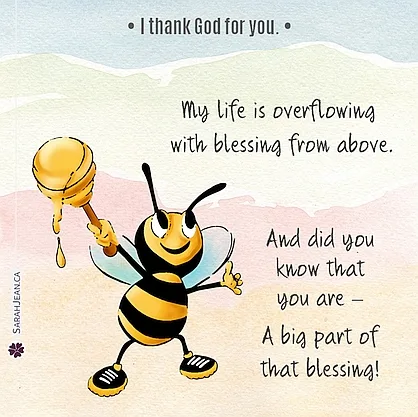Free SarahJean Thank You eCard with a Christian message entitled 'Blessing from Above'. Image of Honey Bee cartoon with honey on a stick.