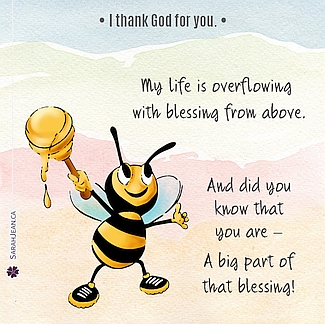 Free SarahJean Thank You eCard with a Christian message entitled 'Blessing from Above'. Image of Honey Bee cartoon with honey on a stick.