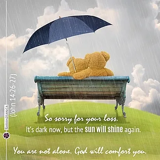 Free SarahJean Sympathy eCard with a Christian message entitled 'Sun Will Shine'. Image of two stuffed bears sitting together on a bench with an umbrella.