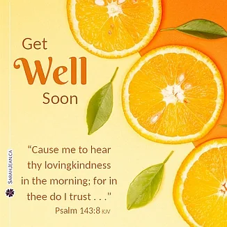 Free SarahJean Get Well eCard with a Christian message entitled 'Get Well Soon'. Image of orange laid out diagonally with little green leaves.