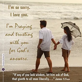 Free SarahJean I'm Sorry eCard with a Christian message entitled 'God's Answers'. Image of a couple walking on the beach.