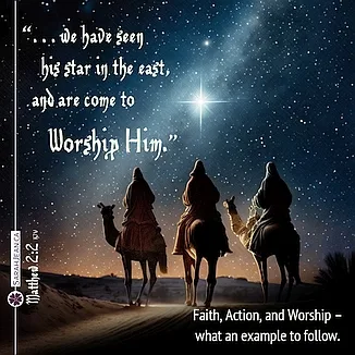 Free SarahJean Christmas eCard with a Christian message entitled 'Worship Him'. Image of three wise men following the star.
