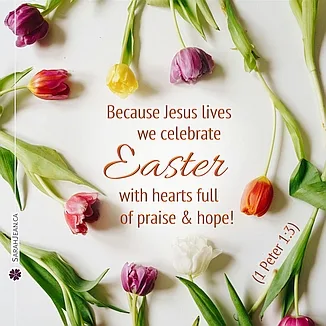 Free SarahJean Easter eCard with a Christian message entitled 'Celebrate Easter'. Image of many coloured mini tulips scattered in a circle around the text of ecard.