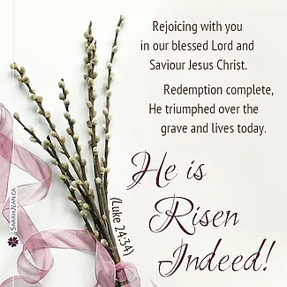 Free SarahJean Easter eCard with a Christian message entitled 'Risen Indeed'. Image of long stems with many flower buds and pink ribbon.