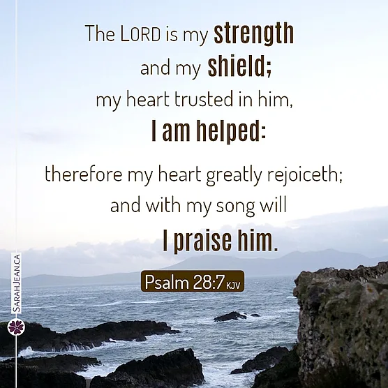 Free SarahJean, Simply Scripture eCard. Image: Cliffs and water with text of  Psalm 28:7..