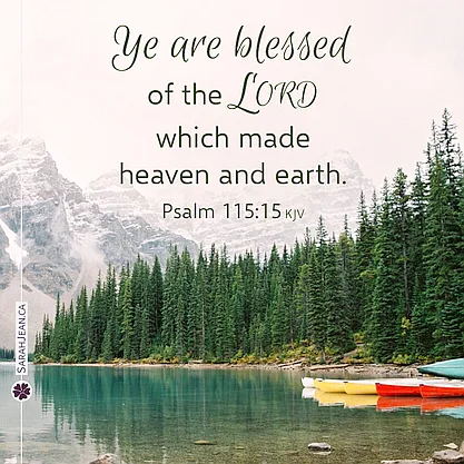 Scripture eCard titled, 'You are Blessed' with Psalm 115:15. Image of canoes at lake with trees and mountains behind.