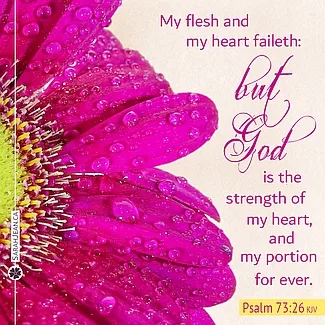 Scripture eCard titled, But God with Psalm 73:26. Image of a lovely pink flower.