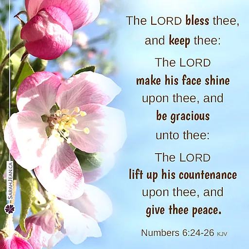 Scripture eCard titled 'Give Thee Peace' with Numbers 6:24-26. Image of pink flowers and blue sky.