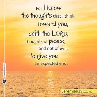 Scripture eCard titled 'Thoughts of Peace' with Jeremiah 29:11. Image of bright sunlight shining over water.