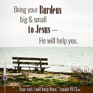 Free SarahJean Difficult Times eCard with a Christian message entitled 'He Will Help You'. Image of a wooden bench set on a hill overlooking water.